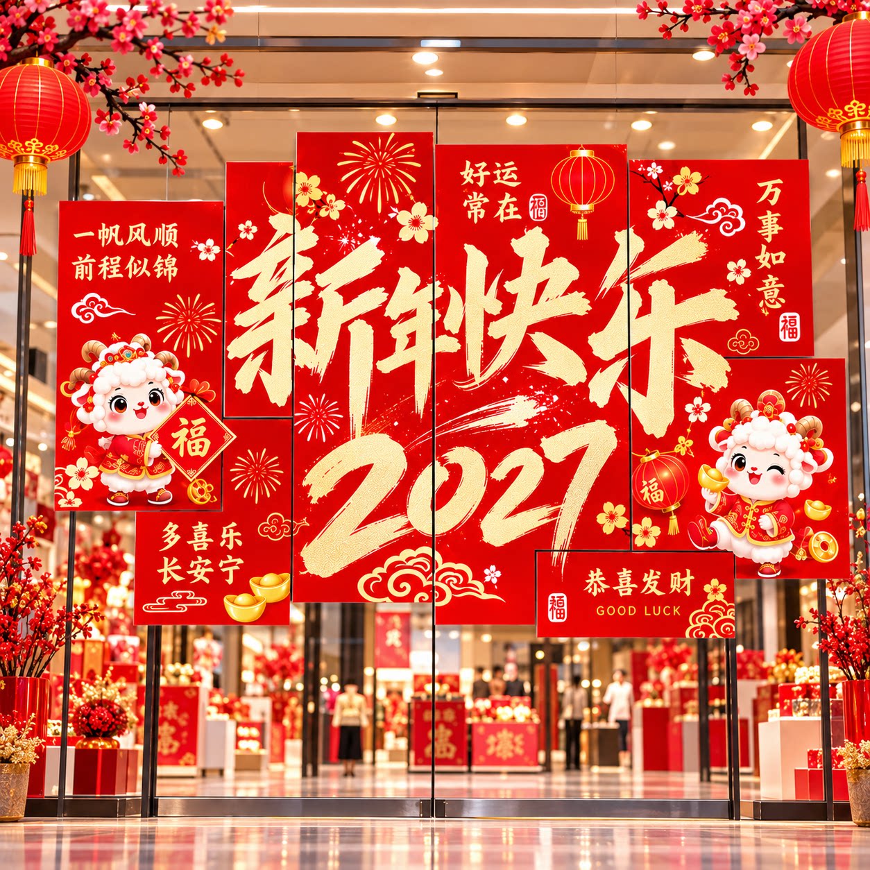 2027新年装饰羊年春节过年商场店铺门口氛围背景网红打卡墙贴布置