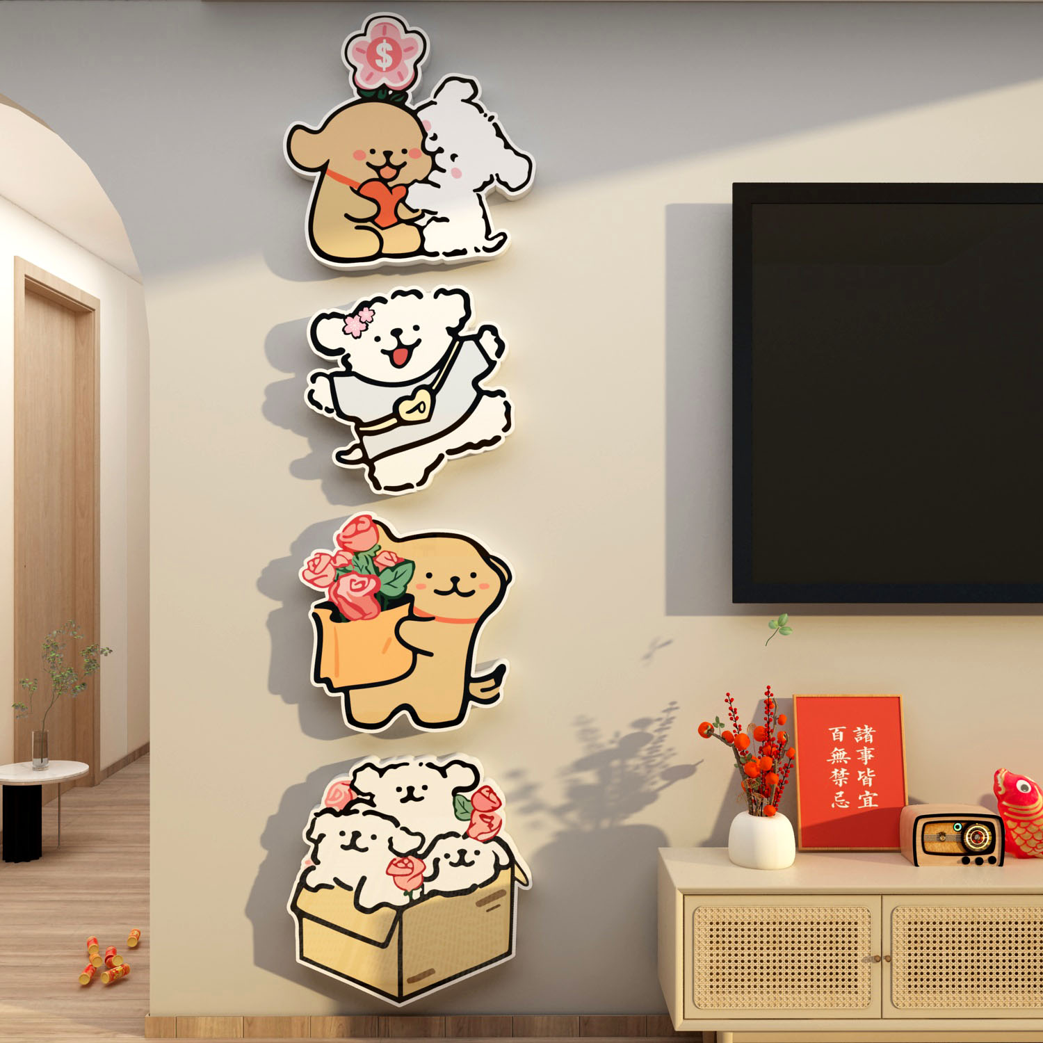 线条小狗电视机背景适合大白墙面装饰2025新款贴纸客厅沙发挂件画