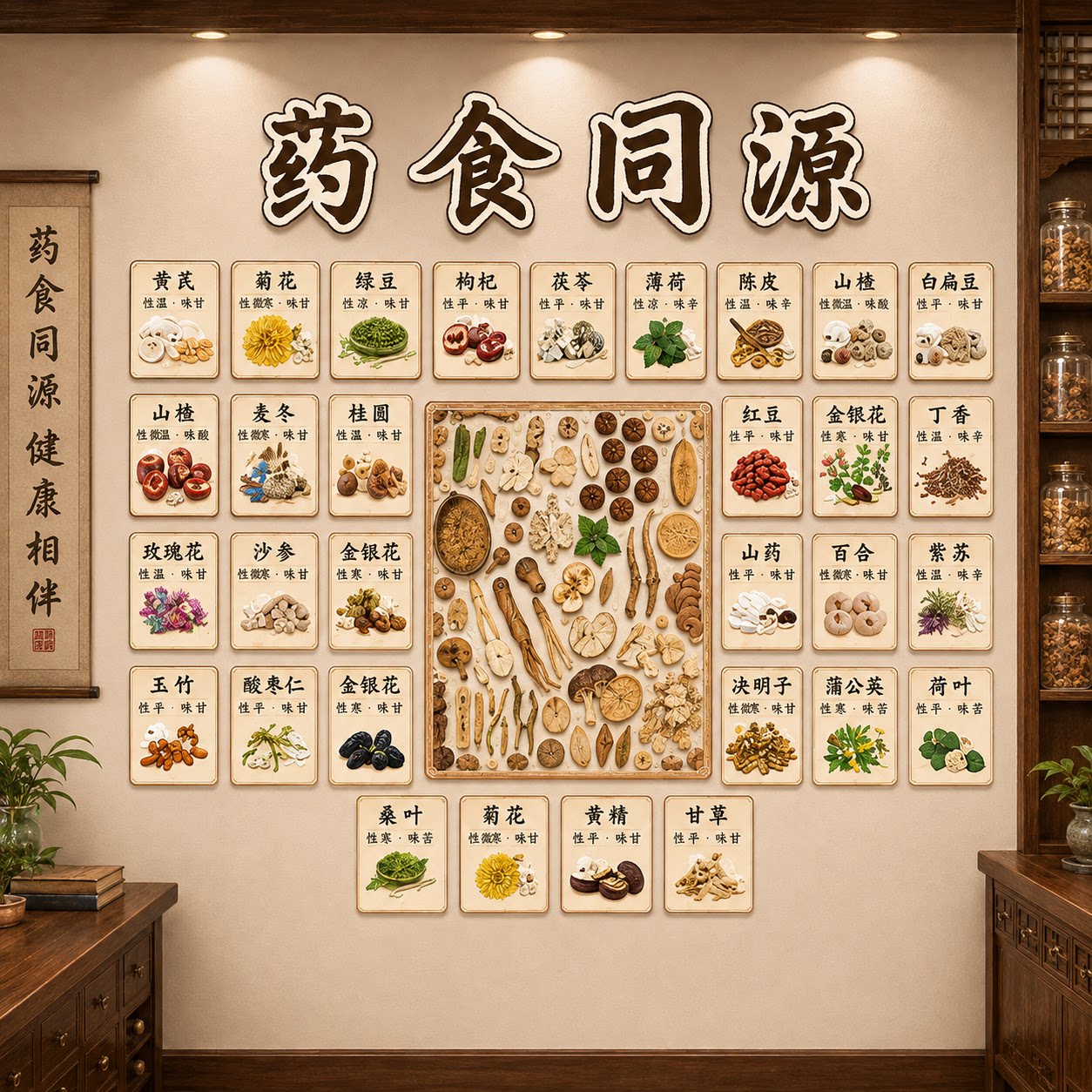 中医馆氛围布置养生软装饰挂画十二时辰文化背景药食同源展示墙面图片
