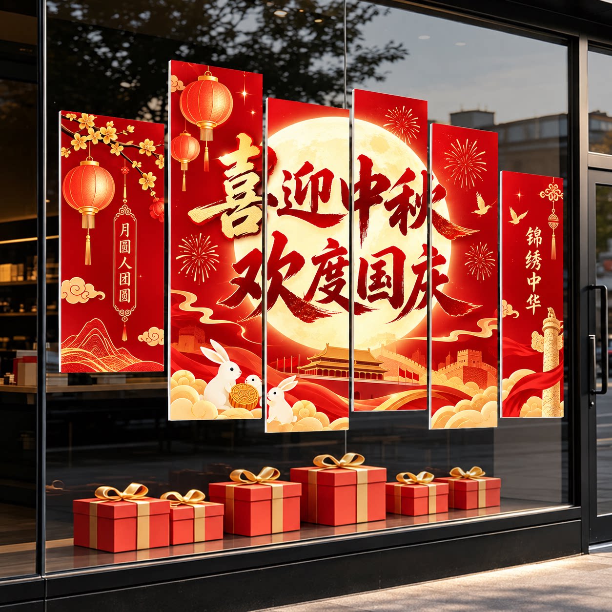 国庆中秋双节氛围场景布置装饰商场店铺橱窗文化墙贴背景墙雪弗板