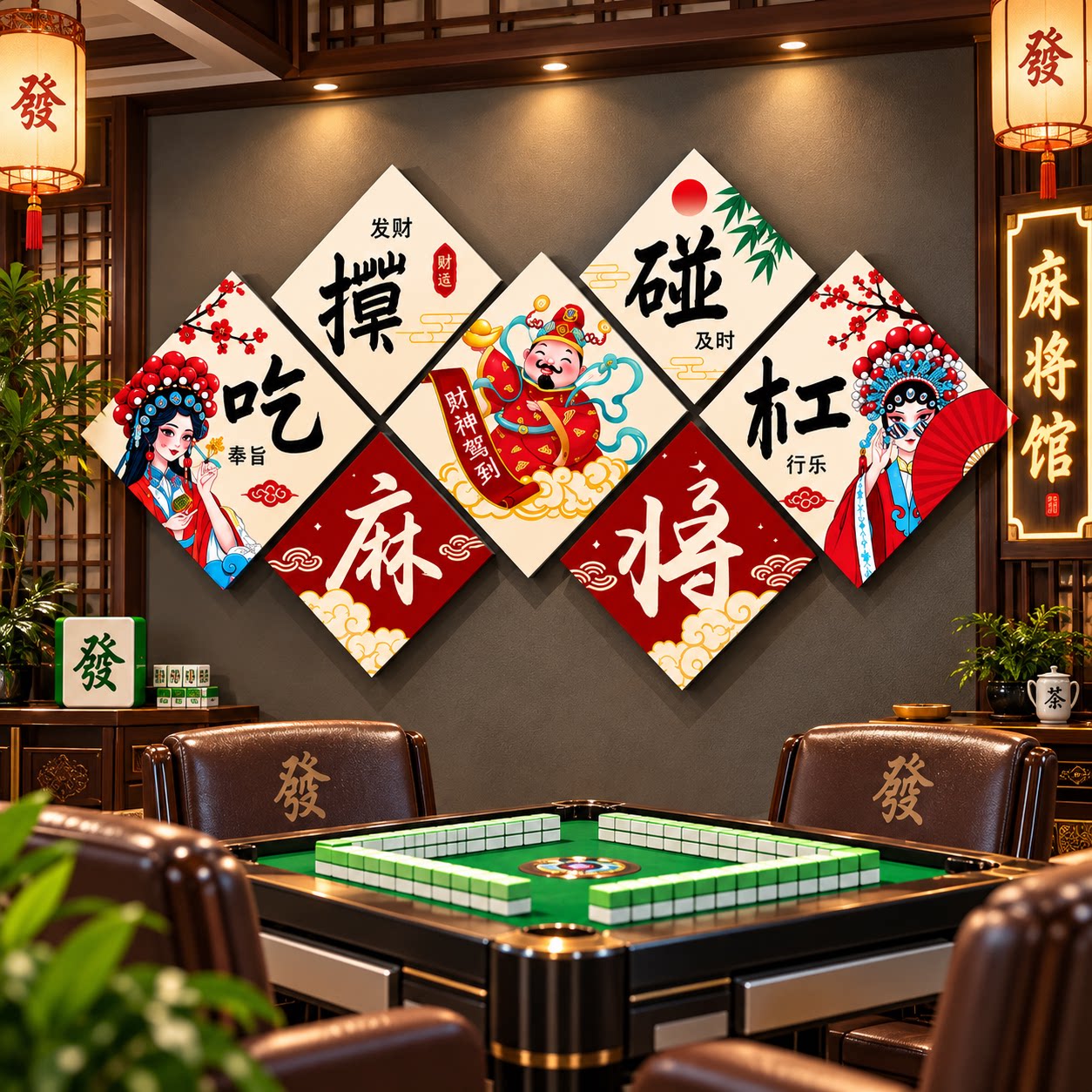 网红麻将馆棋牌室墙面装饰壁画纸雀房文化包厢主题创意标语国潮风