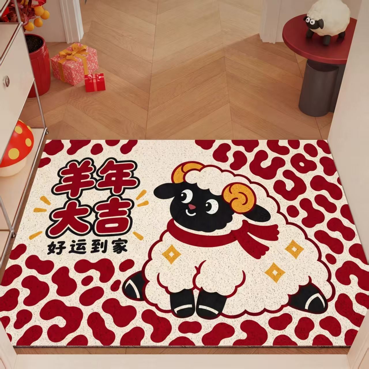 红色豹纹小羊丝圈入户地垫喜庆家用防滑耐磨脚垫子玄关进门满铺垫