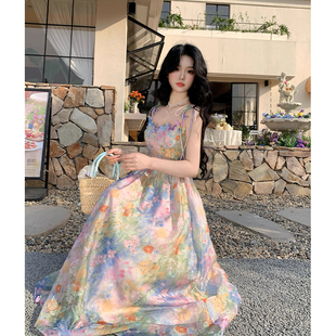 复古油画风晕染碎花吊带连衣裙夏季 法式 彩色多巴胺海边度假长裙子