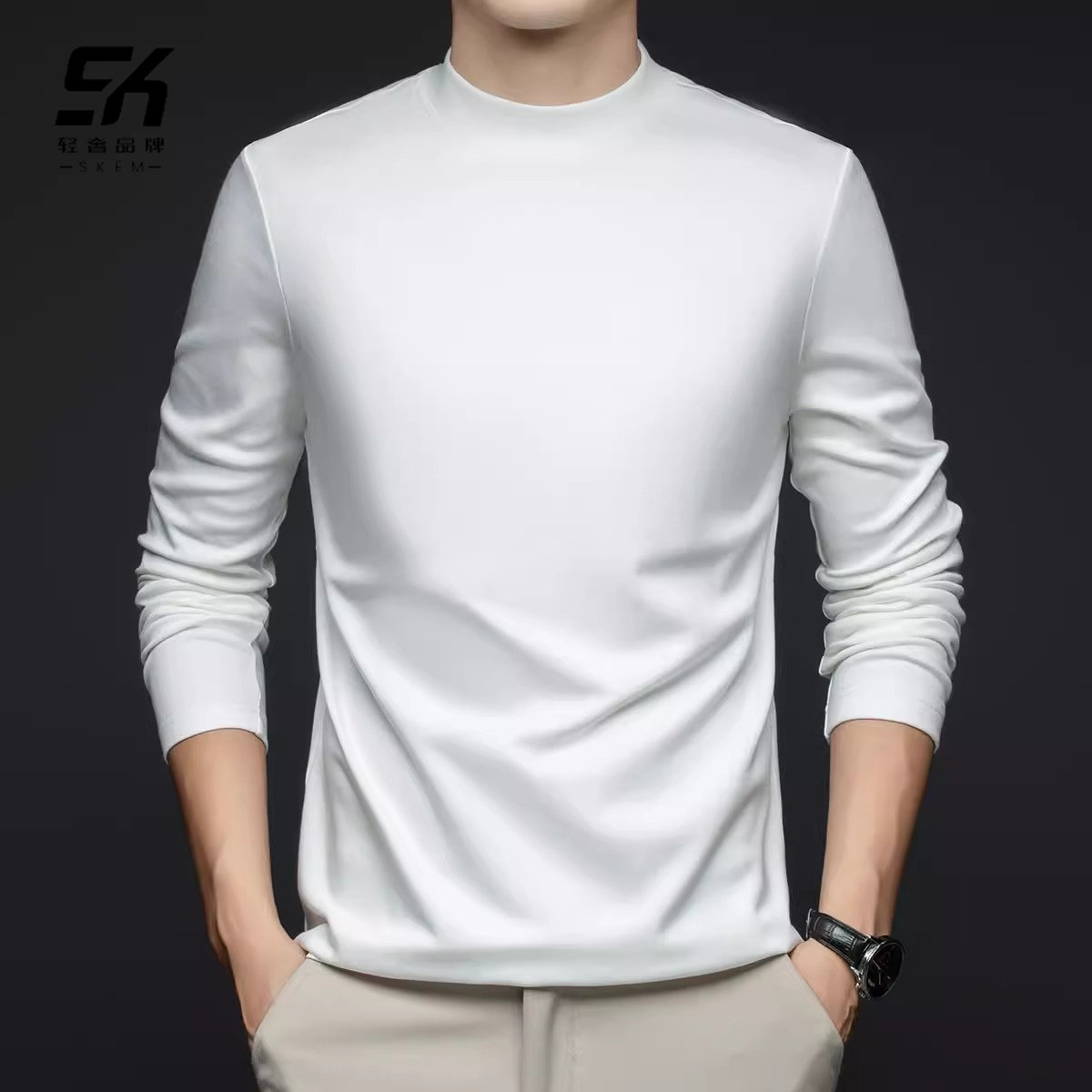 莫代尔t恤男士2025年新款棉质长袖T恤内搭半高领秋冬季打底衫体恤