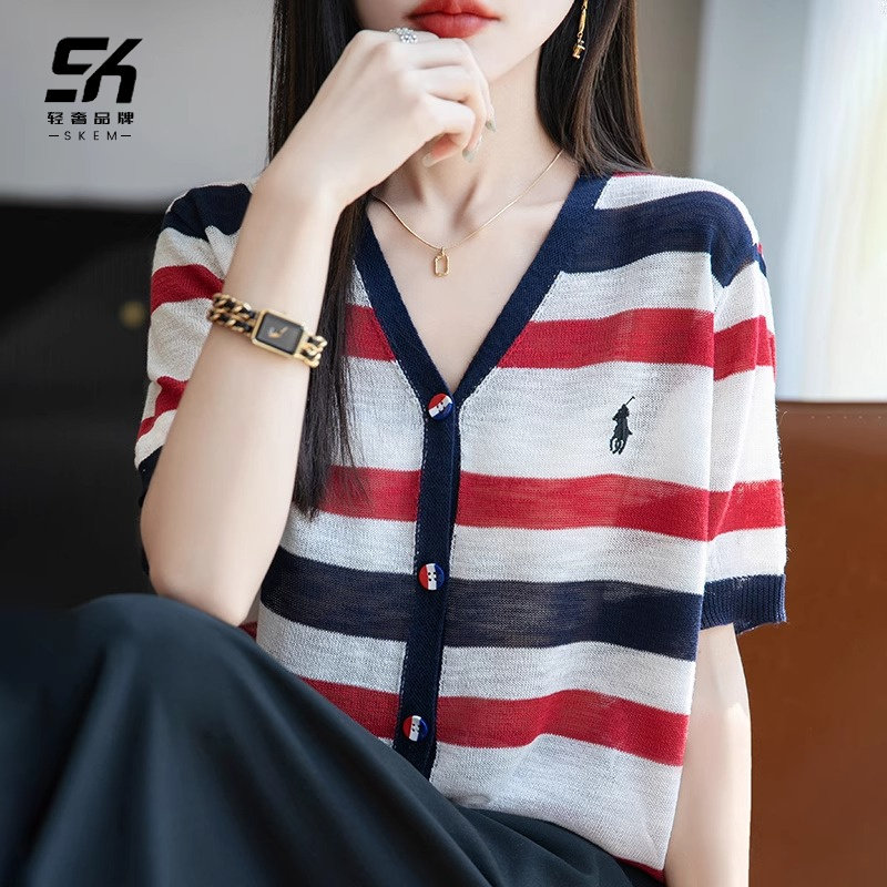条纹针织短袖T恤女2025夏季新款时尚洋气小香风设计轻薄百搭上衣