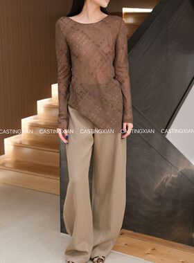 CASTING无隅｜CORTANA秋冬MIRE TOP真丝混纺格纹弹力斜边长袖上衣