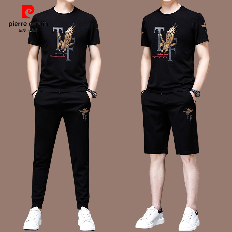 皮尔卡丹夏季桑蚕丝休闲两件套男