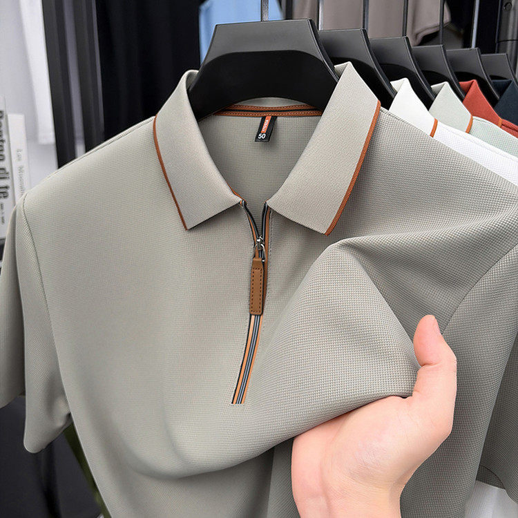 皮尔卡丹夏季丝光棉短袖POLO衫男士翻领半拉链商务休闲新款T恤