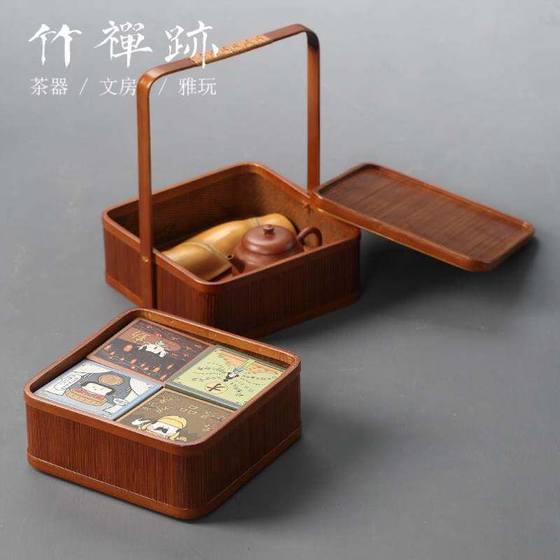 厂促竹禅迹|竹编食盒 多层提篮碟子野餐月饼点心篮茶具收纳盒带u.