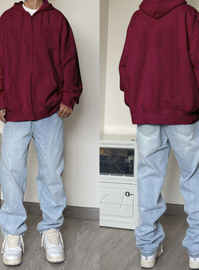真维斯集团PINBALL美式酒红重磅开衫连帽卫衣男款秋冬季外套上衣