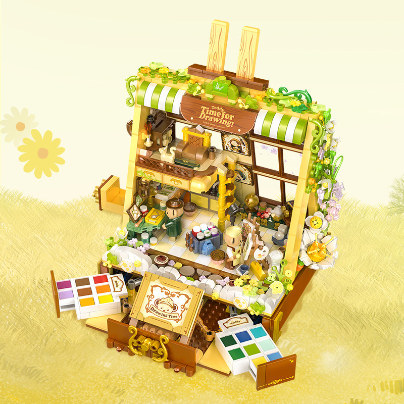 inbrixx积乎泰迪繁花弄画积木花室儿童益智拼装玩具街景女生礼物