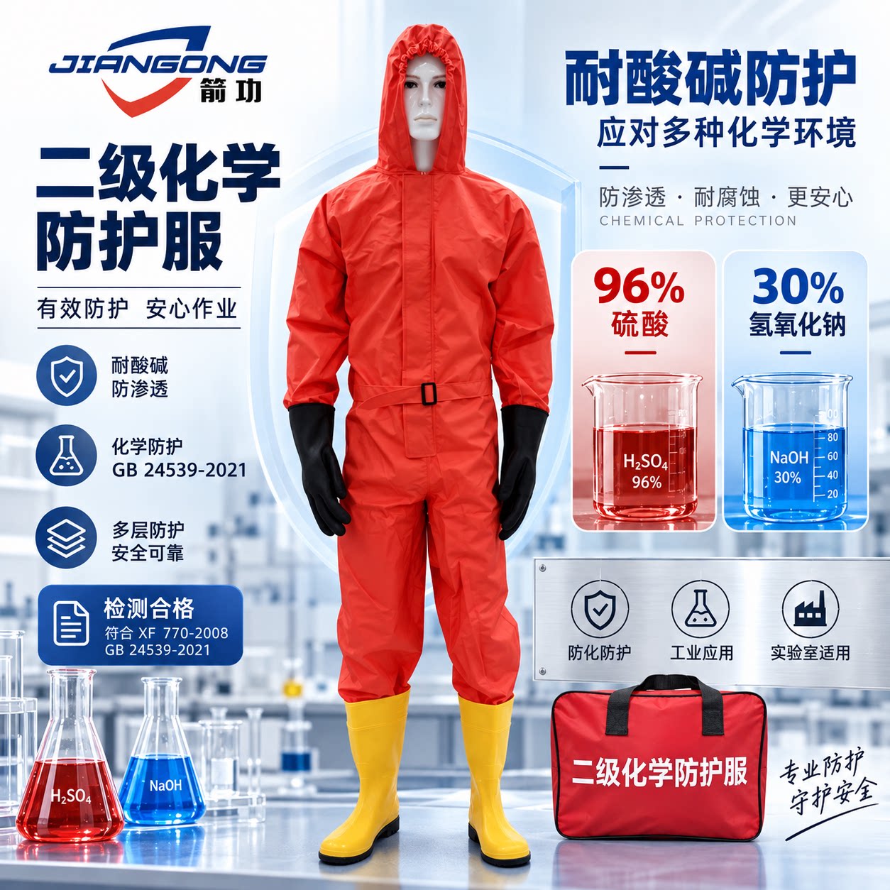 消防二级化学防护服轻型防化服耐酸碱工作服连体无尘生物防护服