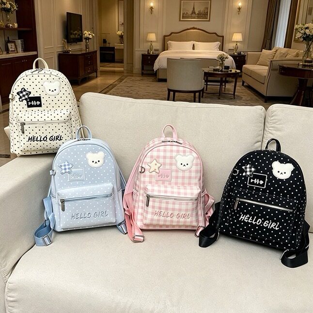 韩版卡通小熊双肩包女时尚质感可爱波点学生书包百搭格子休闲背包