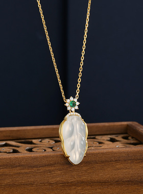 天然白玉髓树叶项链女气质国潮