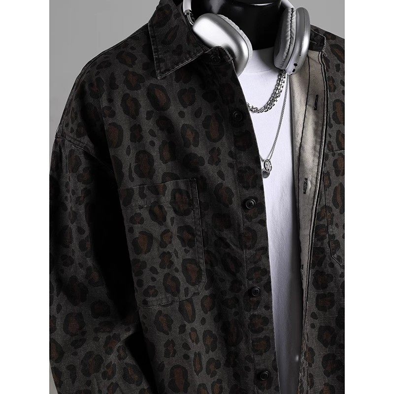 美式复古豹纹衬衫轻奢高级感穿搭外套潮牌欧美街头cleanfit衬衣男
