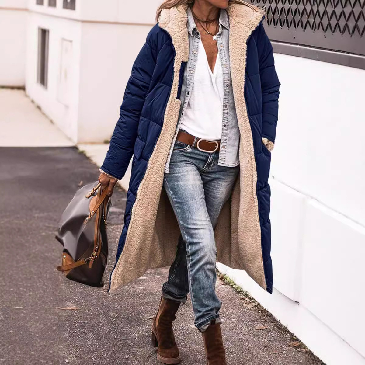 2023大清仓欧美纯色连帽棉服长袖双面穿修身气质开衫外套上衣