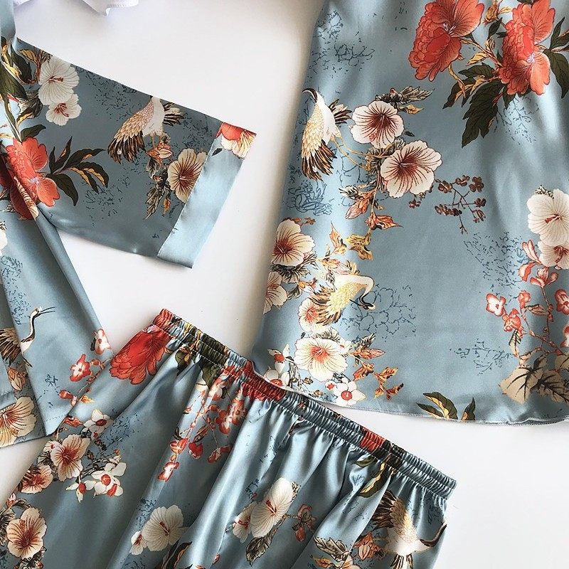 2023新款欧美花色家居服睡裙三件套时尚舒适蕾丝花边睡衣套装批发