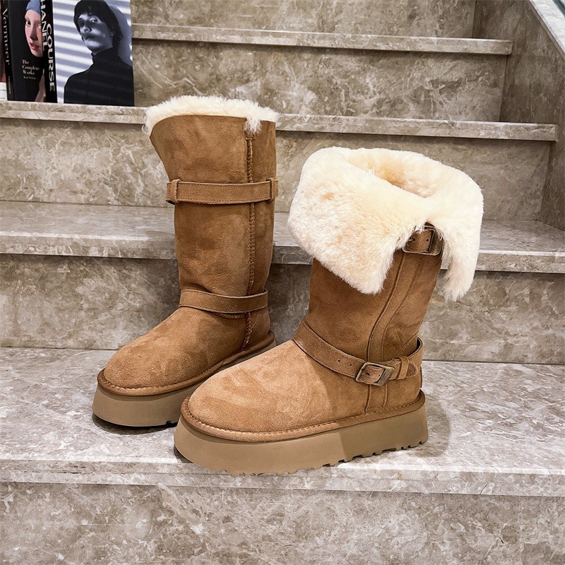 皮毛一体雪地靴女2024新款小个子圆头厚底加绒中筒雪地棉不过膝靴