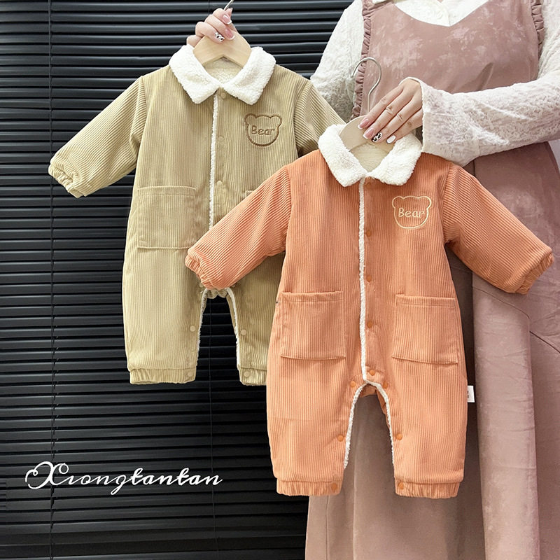 婴儿秋冬连体衣新款条绒加棉男宝宝衣服加厚冬装拜年外出服棉衣