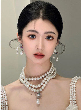 2023新款珍珠星飞碟多层优雅朋克结婚婚纱锁骨链项链大气高级感