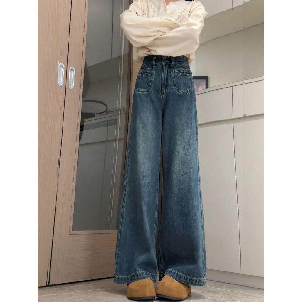 复古蓝阔腿牛仔裤女秋季新款大码胖mm高腰显瘦宽松直筒拖地长裤子