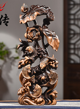 黑檀木雕刻年年有鱼根雕荷花动物摆件红木家居装饰工艺品乔迁