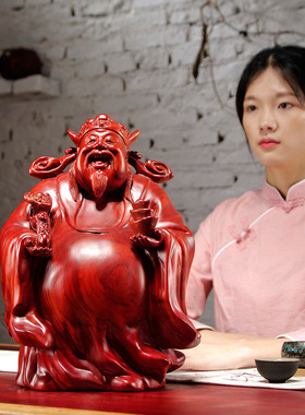 红花梨木雕文财神爷佛像摆件根雕家居玄关装饰工艺品开业乔迁