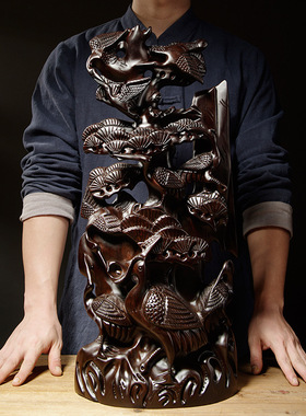 黑檀木雕松鹤延年根雕摆件红木家居客厅装饰品生日贺寿送礼