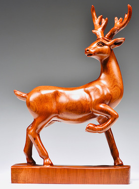 花梨实木雕刻梅花鹿摆件檀木头根雕一路发家居客厅装饰红木