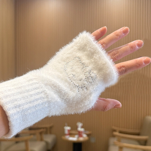 可爱kitty猫猫针织毛绒半指手套女2025年秋冬季 加厚保暖防寒骑行