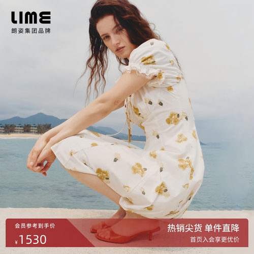 朗姿/LIME莱茵精梳棉方领泡泡袖印花连衣裙法式度假裙2026秋新款