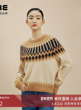 朗姿集团LIME莱茵费尔岛针织套头衫圆领羊毛混纺提花宽松长袖毛衫