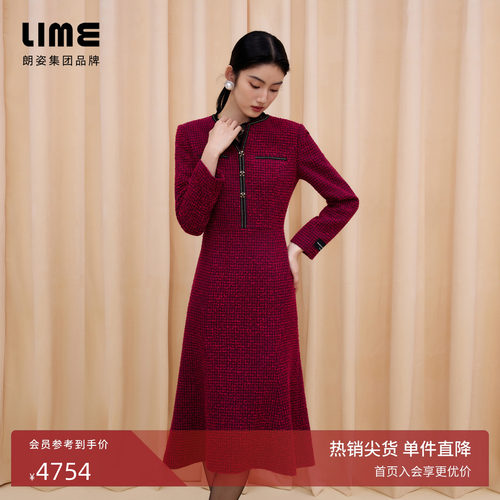 朗姿集团LIME莱茵粗花呢蕾丝领口连衣裙孔雀红复古收腰立体冬新