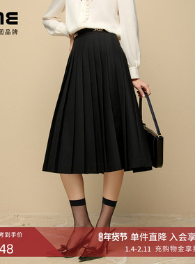 LIME莱茵高腰灰色显瘦百褶裙秋冬新款时尚商务通勤过膝半身裙