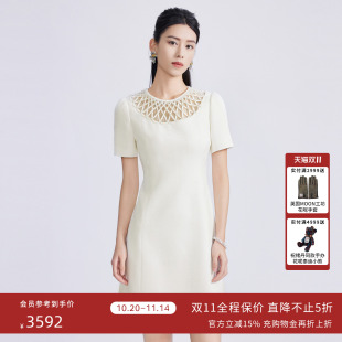 LIME莱茵镂空网格设计圆领连衣裙白色2024春夏新款 小香风收腰裙子