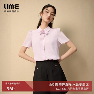 上衣 灰粉色夏OL短袖 朗姿 LIME莱茵优雅可拆卸蝴蝶领花衬衫