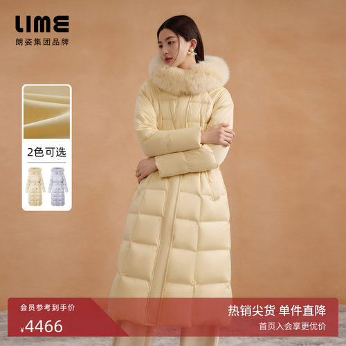 朗姿集团LIME莱茵哑光细纱线狐狸毛领鹅绒羽绒服长大衣腰带冬新