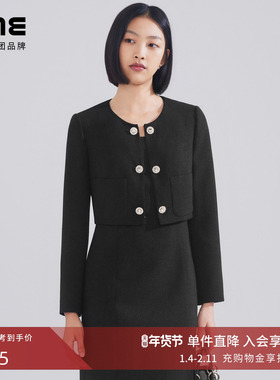 LIME莱茵年早春新款短截上衣率性黑色圆领双排扣职场通勤短外套
