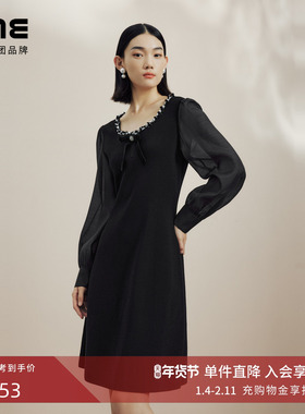 LIME莱茵针梭拼接黑色收腰连衣裙秋冬新款可拆卸蝴蝶结胸针裙子