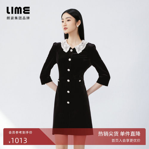 【丝绒】LIME莱茵法式蕾丝领连衣裙黑色秋新款珍珠扣收腰裙