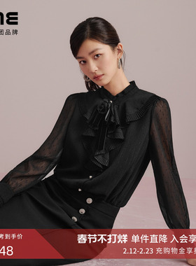 朗姿集团LIME莱茵飘带领通勤职业衬衫25新款黑色长袖衬衫