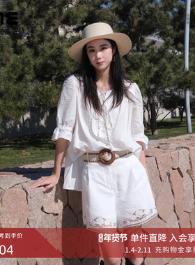 朗姿集团LIME莱茵镂空绣海岛度假风衬衫白色25夏新款棉麻女上衣