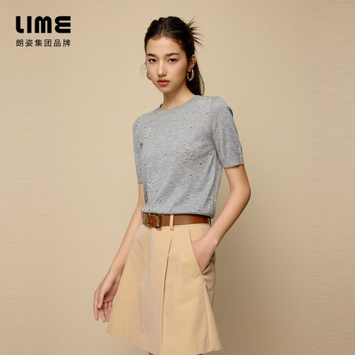 【七七酱直播间】LIME莱茵圆领羊毛混纺针织圆领套头衫钉珠短袖