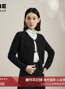 LIME莱茵新中式假两件针织开衫黑色秋冬新款盘扣设计感羊毛衫