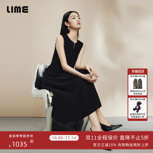 LIME莱茵无袖 简约大裙摆优雅收腰长裙 通勤黑色连衣裙2024秋新款