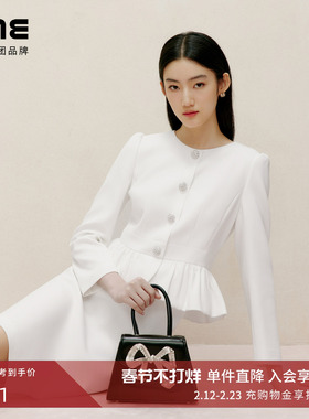 朗姿集团LIME莱茵优雅名媛假两件连衣裙白色25春下摆花边裙子