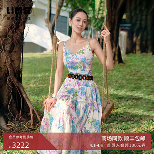 朗姿 LIME莱茵V领吊带印花收腰连衣裙2026春夏新款 商场同款