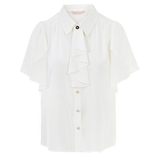 LIME莱茵荷叶袖飘带领衬衫春夏新款五分袖纯色本白色衬衫女