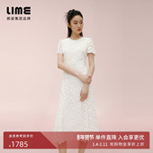 朗姿集团LIME莱茵白色蕾丝花卉印花连衣裙25夏高腰显瘦A摆长裙
