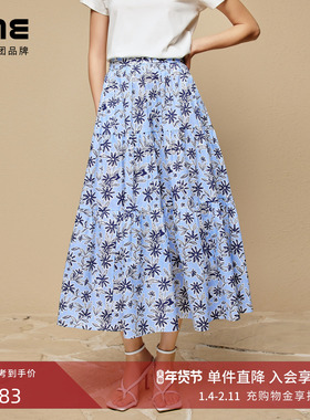 朗姿集团LIME莱茵高腰印花度假风半裙25夏纯棉雏菊花蓝色大伞摆裙